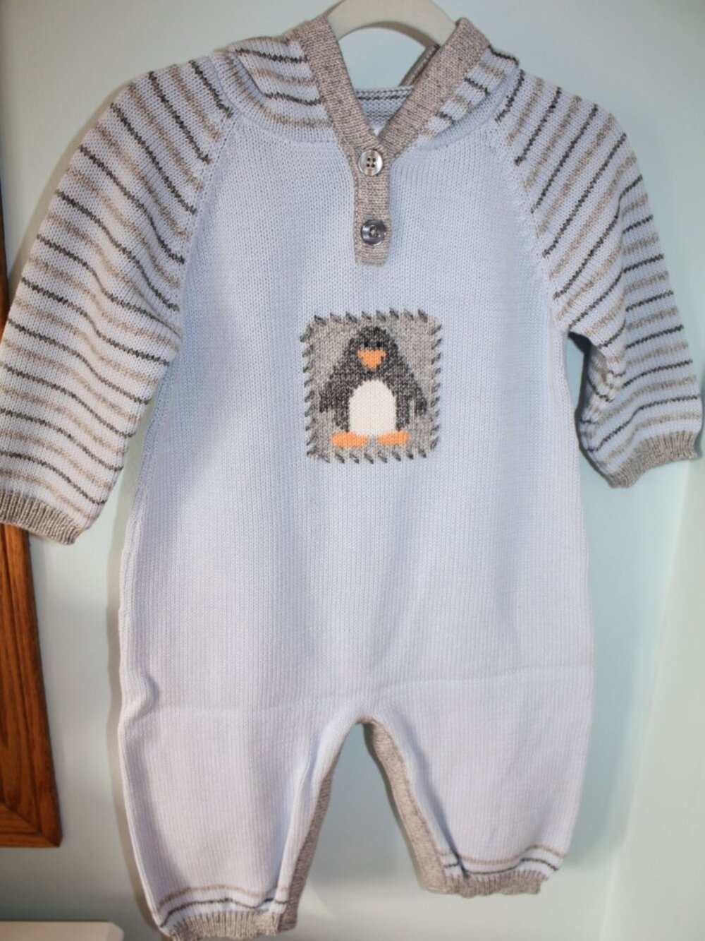 NWT Hanna Andersson 80 Penguin Blue Gray Striped Hooded Sweater Romper 18-24 M